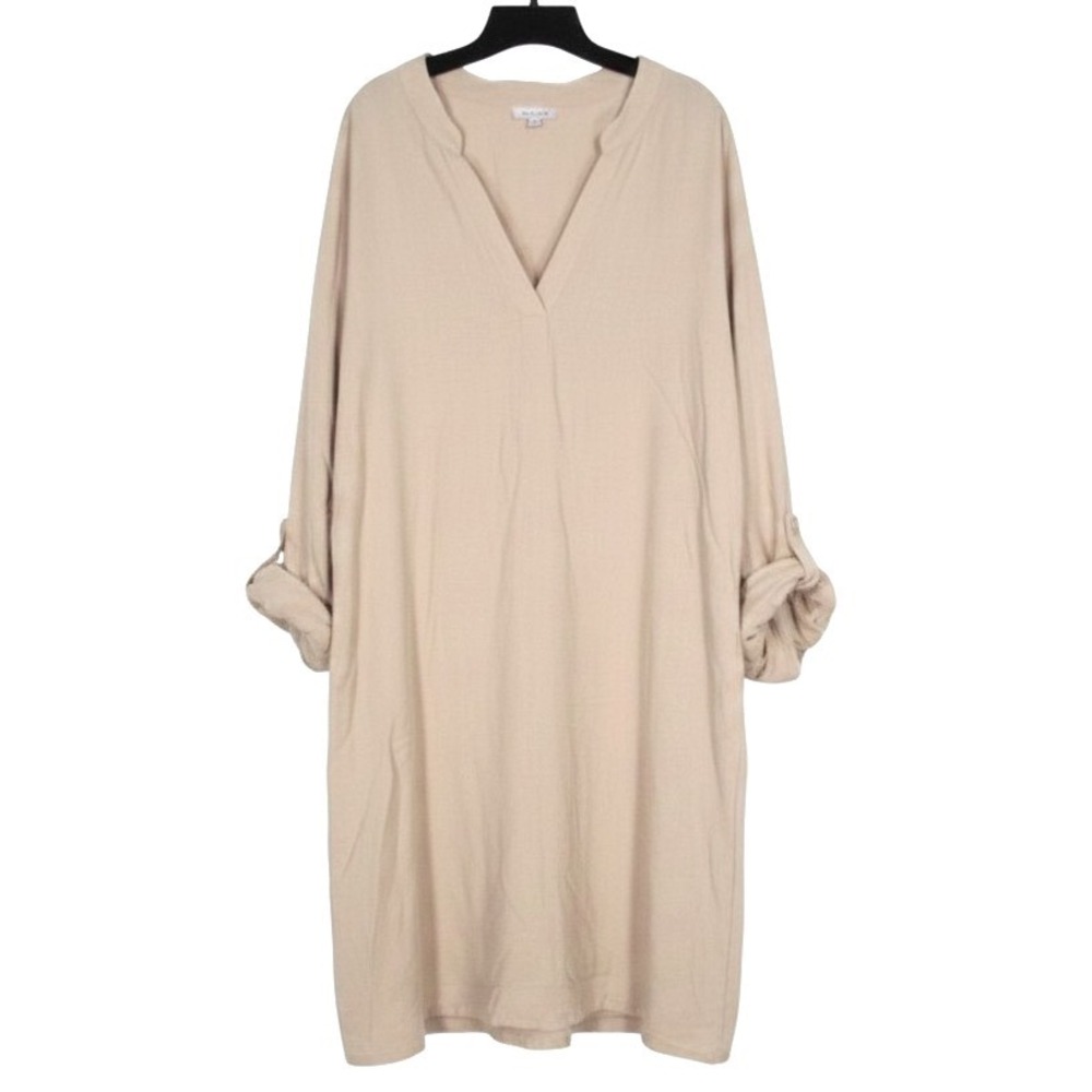 WHITE BIRCH Beige LINEN BLEND Raw Hem ROLL-TAB SLEEVES Pockets SHIFT DRESS 3XL